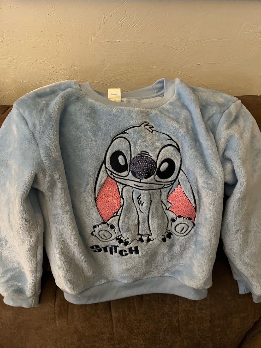 Disney Light Blue Plush Stitch Sweatshirt with Pink Ear Accents